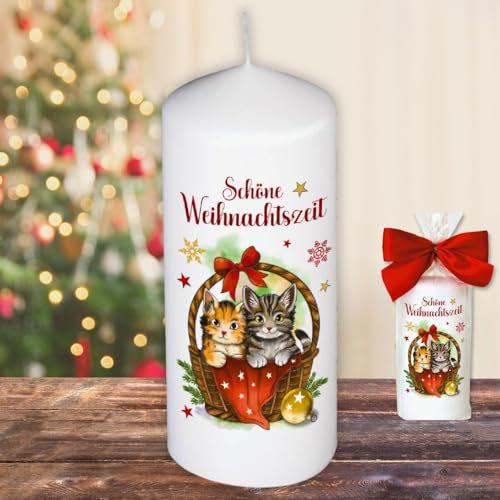 Weihnachtskerze Stumpenkerze –Schöne Weihnachtszeit Katzen - Kerze in Geschenkverpackung mit Schleife zu Weihnachten | moderne Motive auf Tattoofolie Schiebefolie