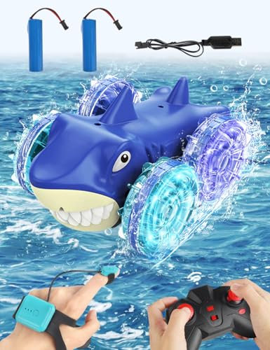 Fullware Hai Amphibienfahrzeug Ferngesteuert Ferngesteuertes Auto Offroad ab 3 4 5 6 7 8 Jahre Junge Mädchen Kinder mit Gestensteuerung, 2 Batterien, 360°Rotation, LED-Lichter, Geburtstag Geschenk