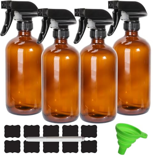 16 oz Amber Glass Spray Bottle for Essential Oil, Small Empty Spray Bottle, Fine Mist Spray, Refillable for Travel, Cleaning, Set of 4 (16 oz)