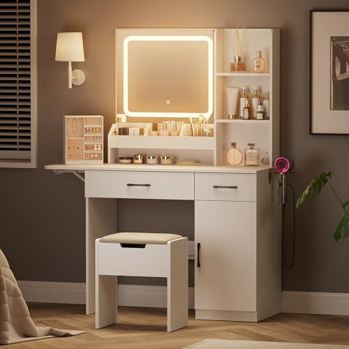 Dowinx Dressing Table with Full-Length Mirror, 3 LED Lights, Built-in Power Outlet, 3 Drawers, 7 Shelves, Storage Stool, White - Ideal for Bedroom or Bathroom Makeup Vanity