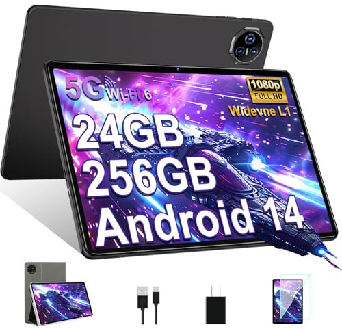 BIEGEDY Tablet 11 Pulgadas Android 14, 24GB RAM+256GB ROM/1TB TF, Tablet Pantalla Táctil, Widevine L1 / 8000mAh / 5MP+13MP / 5G WiFi/Facial ID/GMS/BT 5.0, Octa-Core 2.0GHz, con Funda Negro