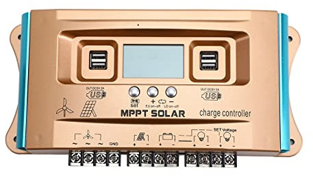 Areyourshop 100A Wind Solar Hybrid MPPT Controller with Dual USB Ports, 12V/24V/36V/48V/60V, High-Efficiency Auto-Focus Charging, LCD Display for Lead-Acid & Lithium Batteries
