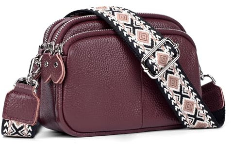befen Red Genuine Leather Cross Body Bags for Women Small Shoulder Bags Triple Camera Bag for Women Cell Phone Bag with Wide Adjustable Strap