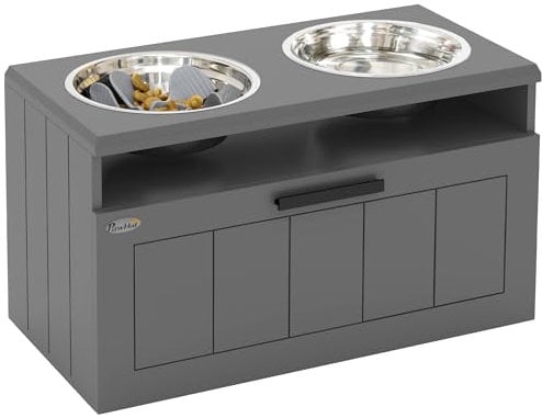 PawHut Erhöhter Hundenapf Futternapf mit Ständer Wassernapf 2 x 2L Edelstahlnäpfen Futterstation mit Anti-Schling-Matte Hundenäpfe mit 25L Stauraum, für große und extra große Hunde, Grau