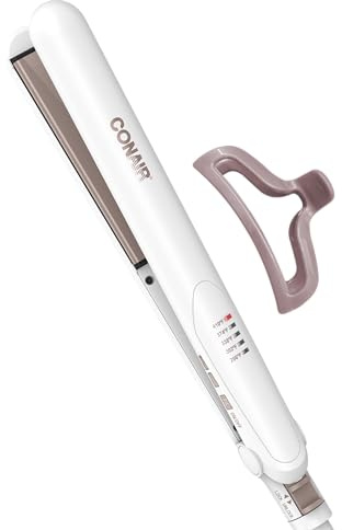 Conair Double Ceramic Flat Iron, 1-Inch Flat Iron Hair Straightener with Claw Clip, 5 Heat Settings, Extra-Long Floating Plates, White