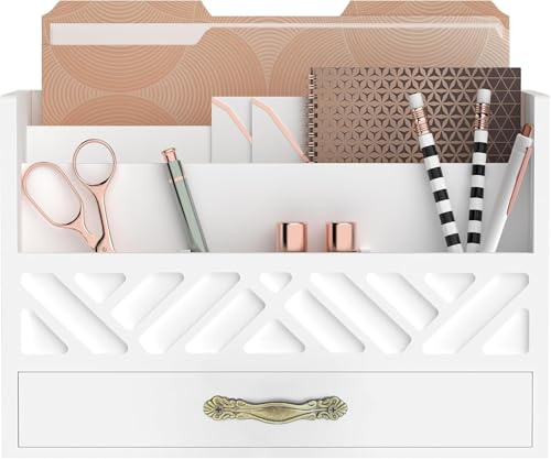 SUPEASY Holz Schreibtisch Organizer mit Schublade, Büro Schreibtisch Zubehör, Countertop Mail und Bill Halter, Desktop Organizer für Haus und Büro (Weiß)