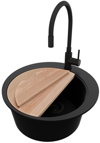PRIMAGRAN Granitspüle ab 45er Unterschrank + Küchenarmatur, 50x50cm | Set: Küchenarmatur BW6020 + Ablauf-Set + Schneidebrett + Spülbecken 1 Becken - Piza Top, Alles Schwarz