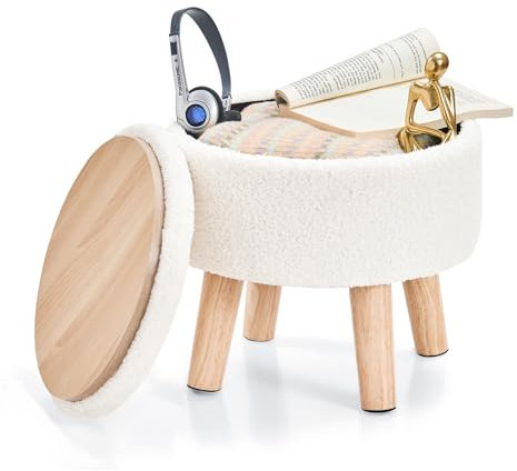 BRIAN & DANY Hocker mit Stauraum, Fußhocker mit Holz Beine und Deckel, Kleiner Rund Sitzhocker als Fußablage oder Fußstütze für Wohnzimmer Schlafzimmer, Ø 32x32 cm, Teddy, Weiß