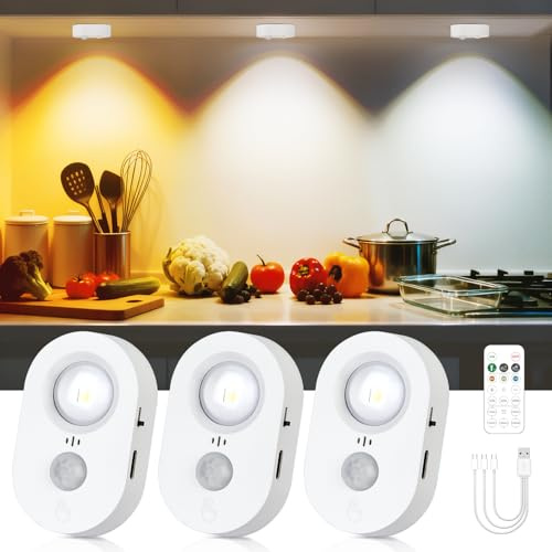 Yiliaw USB Bewegungsmelder LED Spot Akku mit Magnetbefestigung 3-Pack | wiederaufladbare, dimmbar, innen kabelloses unterbauleuchten mit fernbedienung für küche, Kleiderschrank, vitrine