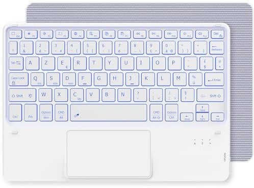 CACOE Clavier avec Pavé Tactile, Clavier sans Fil Bluetooth 10 Pouces avec Rétroéclairage, [AZERTY] Clavier Léger Fin pour iPad, iPad Pro/Air, Android Samsung, Xiaomi, Huawei, Lenovo Tablette, Blanc