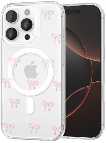 TVVTPU Magnetica Cover per iPhone 16 Pro Compatibile con MagSafe, Custodia Trasparente con Motivo a Fiocchi Silicone TPU Bumper Protezione Antiurto Antigraffio Case, Rosa