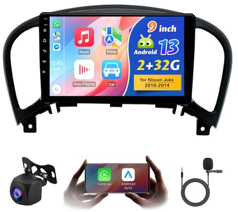 Car Radio for Nissan Juke 2010-2014 with 9 inch Touchscreen with carplay Android Auto 2 Din Car Radio Receiver Mirror Link GPS Navigation Bluetooth WiFi FM RDS HiFi AHD Camera Mic, 2+32G