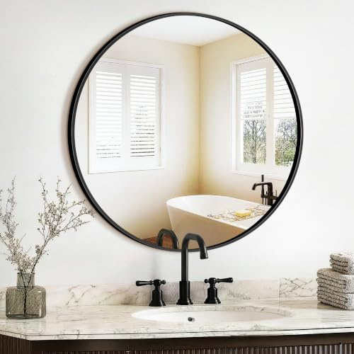 TRAHOME 56cm Spiegel Rund Schwarz,Badspiegel,Wandspiegel,Badezimmerspiegel | Wandspiegel Rund, Badezimmer Spiegel Schwarz, Runder Spiegel Bad für Schminktisch, Eingangsbereich, Schlafzimmer, Wohnzimmer