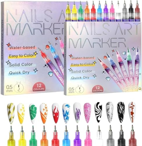 LUKA HERO 2025 upgrade Nail Art Pens Set of 12 Colours 0.5MM Nail Art Markers, Quick-Dry Gel Nail Markers, 3D Polish Pens for Graffiti, Dotting, Liner & Painting, DIY Nails Art Tool (1 Set)