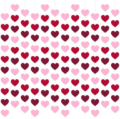 Larber 12 Stück Valentinstag Rot,Rosa,Dunkelrot Herz Girlande Deko,135CM Rot,Rosa,Dunkelrot Papier Hängend Herzgirlanden,DREI Farben Herzen Deko für Hoch Geburtstag Valentiner Party Home Deko