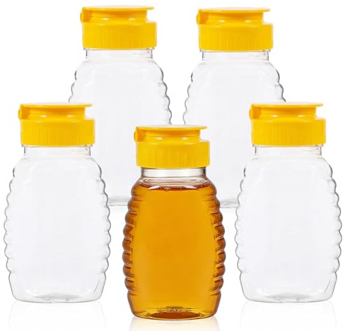 SNSYGN Lot de 5 distributeurs de miel - Petites bouteilles transparentes - 104 ml - Rechargeables - Avec couvercle à charnière - Pour miel, ketchup, vinaigrette à salade