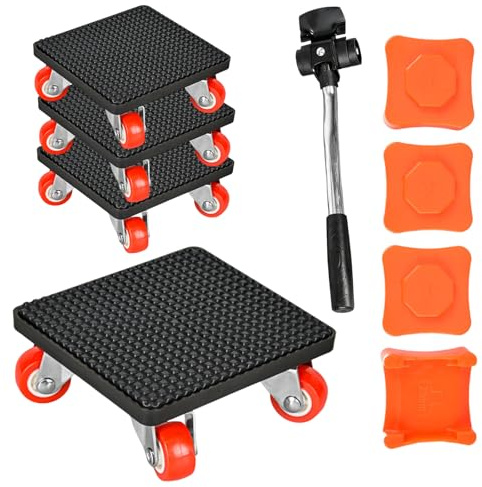 Juego Elevador Muebles Pesados 9 Piezas con Extensión 32 cm, 4 Ruedas Giratorias 360°, Carga Máxima 500 kg, 4 Reguladores Altura, Apto para Transporte Muebles