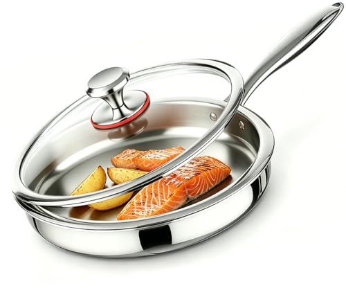 Tri-Ply Stainless Steel Frying Pan with Lid, Durable and Sturdy, Stainless Steel Pan, Fast & Even Heat, Induction, Electric, Gas, Flawless Glide, Everyday Use, Oven Up to 315℃ (20cm Frying Pan)