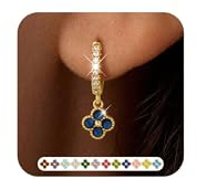 ZNBOH Ohrringe Gold Hängend Damen 18K Vergoldete Geburtsstein Damenohrringe | Hypoallergene Wasserfest Ohrringe mit Kleeblatt,Klein Creolen mit Stein Amethyst Aquamarin Rubin,Schmuck Geschenk für Frauen
