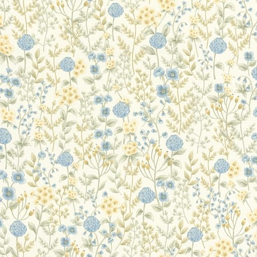 Rasch Vliestapete Blumenwiese - Florale Vinyl-Tapete Blümchen in Creme Blau Grün Gelb für ein natürliches Wohnambiente - Robust und Abwaschbar - 10,05 m x 0,53 m