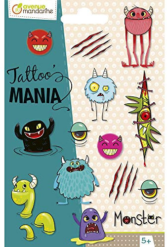 MY MANDARINE CC053C - Packung Kindertattoos / temporäre Tatoos für Kinder, Tattoo´Mania, 1 Bögen 10,5x16 cm mit 15 Tatoos, ab 5 Jahren, Monsters, 1 Pack