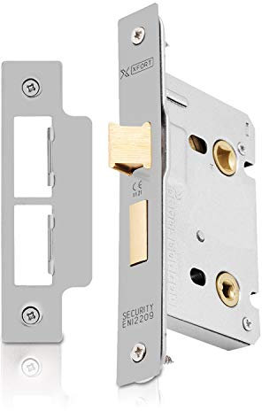 XFORT® Satin Chrome Bathroom Lock 65mm for Internal Wooden Doors, Mortice Door Lock for Bathroom, Door Latch Mechanism and Thumbturn Locking Door Security, CE Approved and Fire Rated Protection
