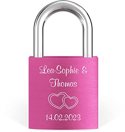 LIEBESSCHLOSS-FACTORY Liebes-Schloss Pink mit Gravur und Schlüssel, gratis Geschenkbox uvm. Jetzt graviertes Vorhängeschloss gestalten!