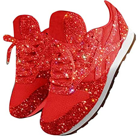 shownicer Damen Sneaker Pailletten Glitzer Flach Schuhe Freizeit Schnürer Sportschuhe Glänzende Schuhe Laufschuhe Sneaker Rot 38 EU