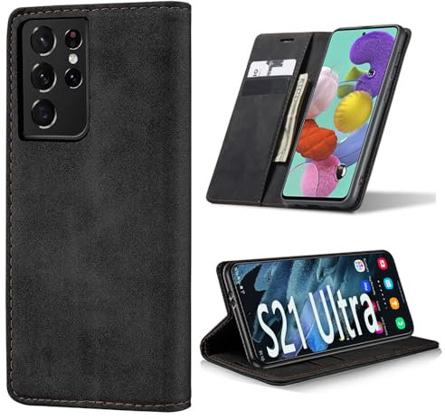 AFARER Einfache Art Brieftasche Handyhülle Kompatibel mit Samsung Galaxy S21 Ultra 5G Klappbar Ledertasche Stoßfest Schutz mit Kartenhalter Ständer - Schwarz