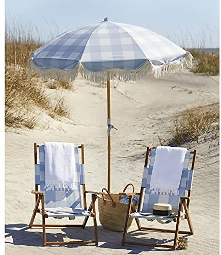 ACXZ Parasol de Jardin de Parasol de Plage en Bois de 2m Inclinaison avec Pliable et frangé, Parapluie extérieur à Carreaux Bleu Boho, 8 côtes, avec Sac de Transport