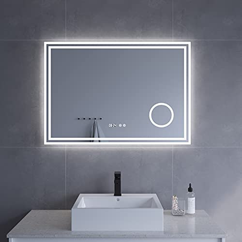 AQUABATOS LED Badspiegel 100x70 cm Wandspiegel Badezimmerspiegel mit Beleuchtung lichtspiegel Dimmbare Touch Schalter Kaltweiß Digital Uhr Beschlagfrei Schminkspiegel 3-Fach Vergrößerung
