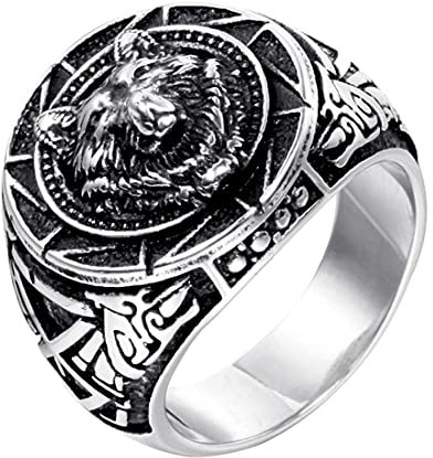 HIJONES Herren Jahrgang Runden Signet Wolf Ring Silber aus Edelstahl zum Paare Größe 60 (19.1)