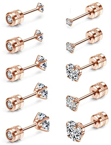 JSDDE 10 Stücke Damen Ohrringe Set, Gold Rosegold Stecker Mit 2-6mm Zirkonia, Beidseitig Nutzbar Knorpel Barbell (Rosegold)