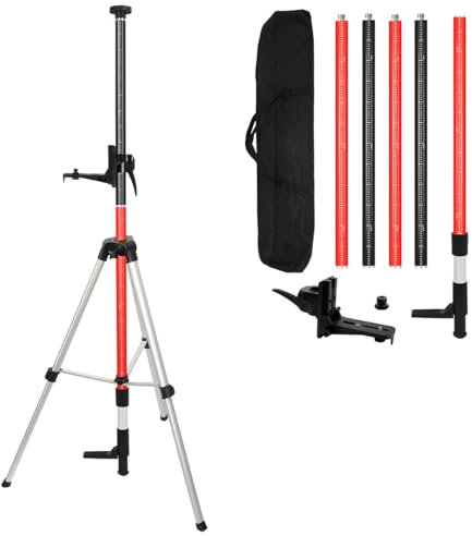 12Ft Telescoping Laser Level Pole with Tripod - Adjustable Laser Stand with Dual Thread Adapter (1/4-20 & 5/8-11) for Rotary and Line Lasers, Includes Carrying Case & Bubble Level(Black&Red)
