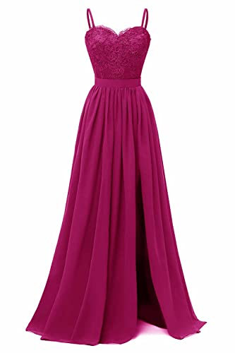 N/ C Abito da damigella d'onore da donna con scollo a V e spalline in pizzo chiffon spacco lungo da sera in pizzo, Fucsia, 48