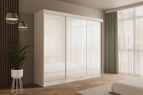 ALTDECOR Kleiderschrank mit Lacobel-Schiebetüren, kugelgelagerte Führungsschienen und Aluminium-Leisten - PEKA - 250 cm Weiß/Weiß