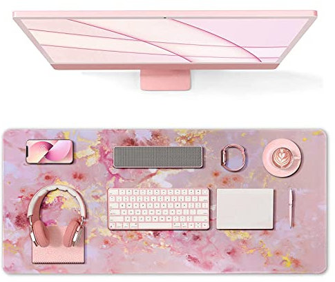 Anyshock Rosa Schreibtischmatte, Gaming Mauspad groß, XXL Schreibtischunterlage (89.9x39.9 cm) mit rutschfester Gummiunterseite, genähte Kanten, Zuhause, Büro Dekor (Gold Mable)