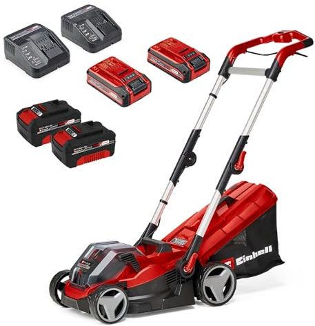 Einhell Akku-Rasenmäher RASARRO 36/34 Kit Power X-Change (36 V, 34 cm Schnittbreite, bis 300 m², 30L Fangkorb, 25-65 mm Schnitthöhe, inkl. 2X 3,0 Ah Akku, 2X 4,0 Ah Akku + 2X Ladegerät)