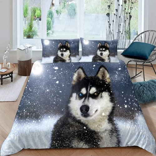 MOXINO Husky Hund Bettbezüge für Kinder Jungen Mädchen Einzelbett 3D Winterthema Bettwäsche 135x200 cm 2teilig Leicht Mikrofaser Bettbezug Sommer Warm Weiche Bettwaren mit Kissenbezüge 80x80
