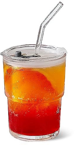 Olvini 13oz Glass Tumbler with Straw and Lid, Reusable Iced Coffee Cup Tumbler, Cute Glass Cups for Water, Matcha, Travel Coffee Mugs (Clear)