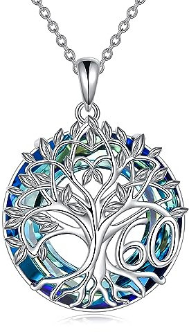 YFN Geschenke zum 60. Geburtstag für Frauen, Lebensbaum-Halskette aus Sterlingsilber mit blauem Kristall, Muttertag, Weihnachtsschmuck, Geschenke für Mutter und Ehefrau (60th)