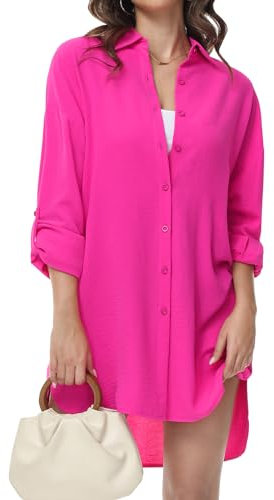 Tanmolo Damen Bluse V-Ausschnitt Hemdbluse Langarm Lässiges Hemd zum Knöpfen Langarmshirt Casual Oberteile Aufrollen Tops (Rosarot,XL)