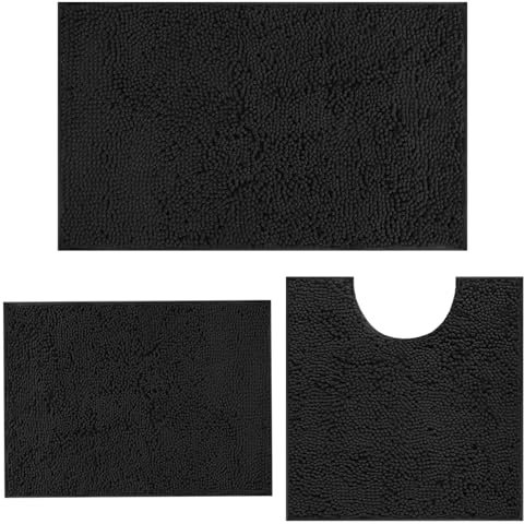 MEGAROOM Non Slip Chenille Bath Mat Sets 3 Pieces - Soft and Anti Mould Bath Mats for Safety and Comfort - Water Absorbent and Quick Drying - Bathroom Carpets Set with U-Shaped Toilet Mat(Black)
