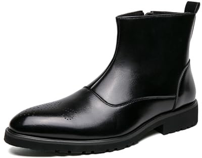 crazynekos Modische Business-Oxford-Stiefel für Herren, hohe Spitze, spitz, seitlicher Reißverschluss, Brogue-Lederstiefel, Schwarz , 45 EU