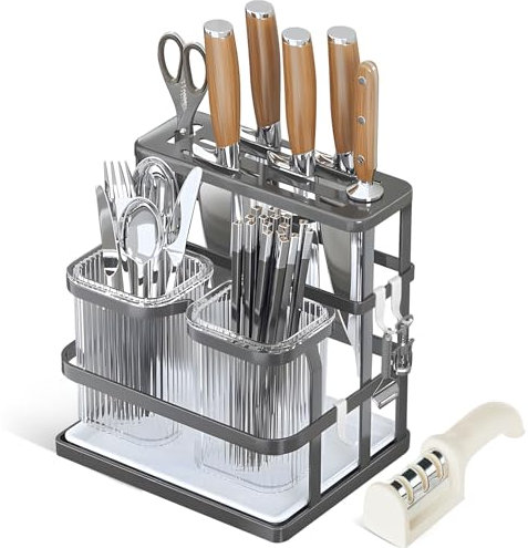 Universal Knife Block Stainless Steel, Knife Block Without Knives Holds 6 Knives with Flatware Holder Kitchen Knife Storage with Knife Sharpener