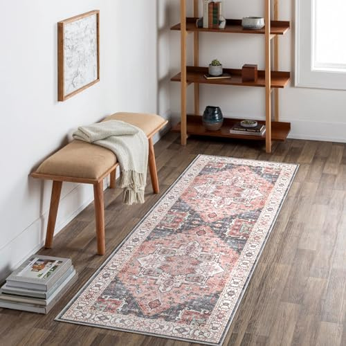 Carvapet Waschbar Läufer Teppich 60x180cm rutschfest Lang Dünner Teppiche Gegend Vintage Medaillon Rosa Teppich für Wohnzimmer Schlafzimmer Küche