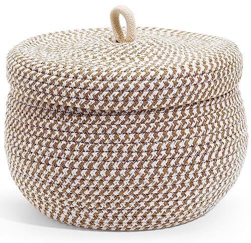 WRITWAA Round Cotton Rope Storage Basket with Lid, Multi-Color Decorative Woven Organizer for Home, Kitchen, Bathroom, Toys, Snacks