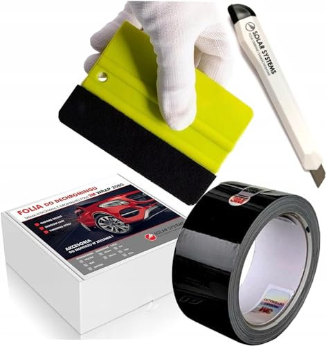 SOLAR SYSTEMS 3M WRAP 2080 Selbstklebende Autofolie - Entchromung Klebeband + Rakel und Messer - Auto Tuning - Auto Folie Schwarz Glanz 3,5cm x 5m