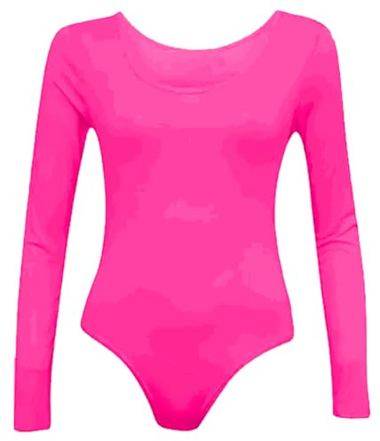 TrendyFashion Damen Stretch-Body mit langen Ärmeln, Gymnastikanzug, U-Ausschnitt, Tanzkleidung, neon pink, 12-14
