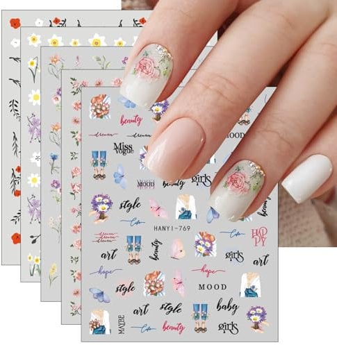 JMEOWIO 9 Sheets Flower Nail Art Stickers Decals Self-Adhesive Spring Summer Floral Letter Nail Supplies Nail Art Design Decoration Accessories